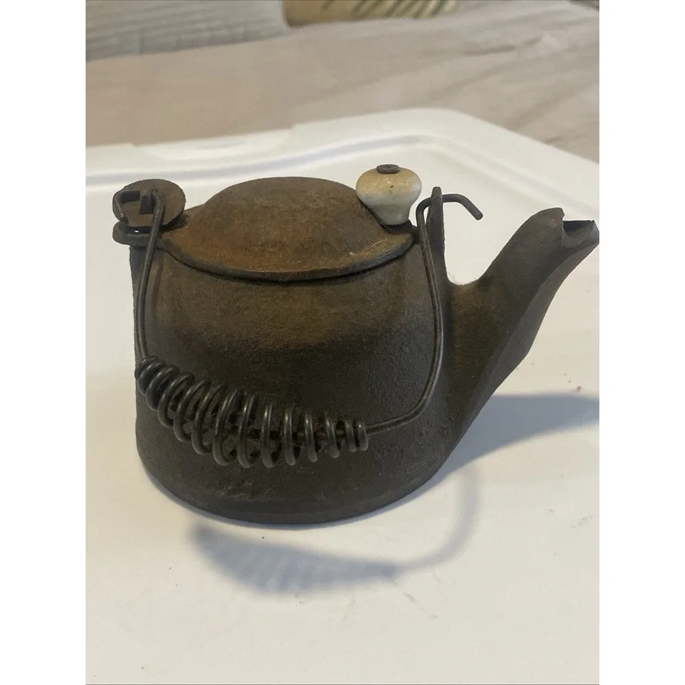 Vtg Wagner Ware Cast Iron Tea Kettle Sidney Ohio Swivel Lid Wire Handle Rustic
